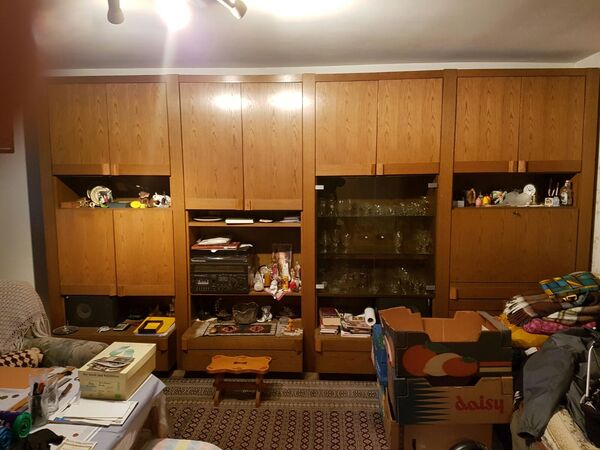 Großer Wohnzimmerschrank aus Holz mit Glastüren, Deko, Elektronik und Umzugskartons davor.